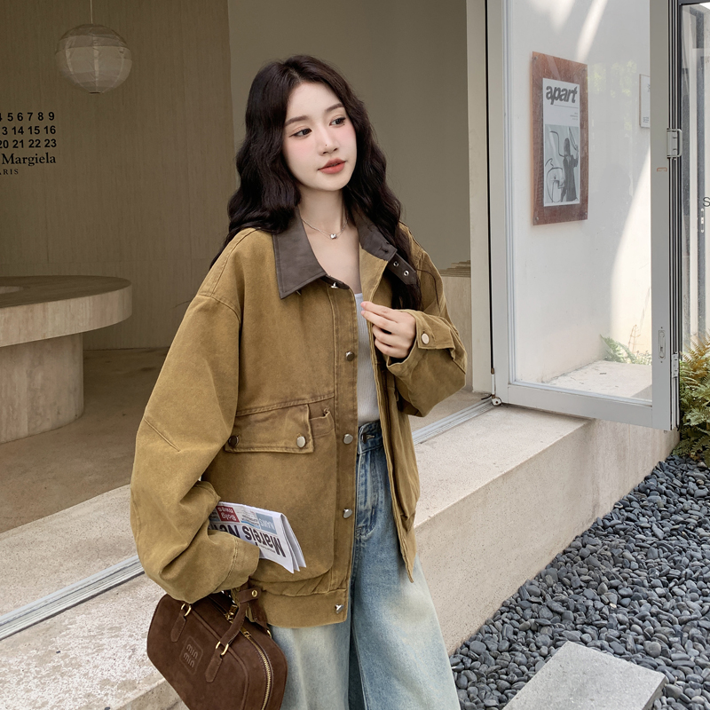pu皮拼接工装短外套女秋冬2025新款美式复古巨好看流行超火上衣,女装短外套,2C278