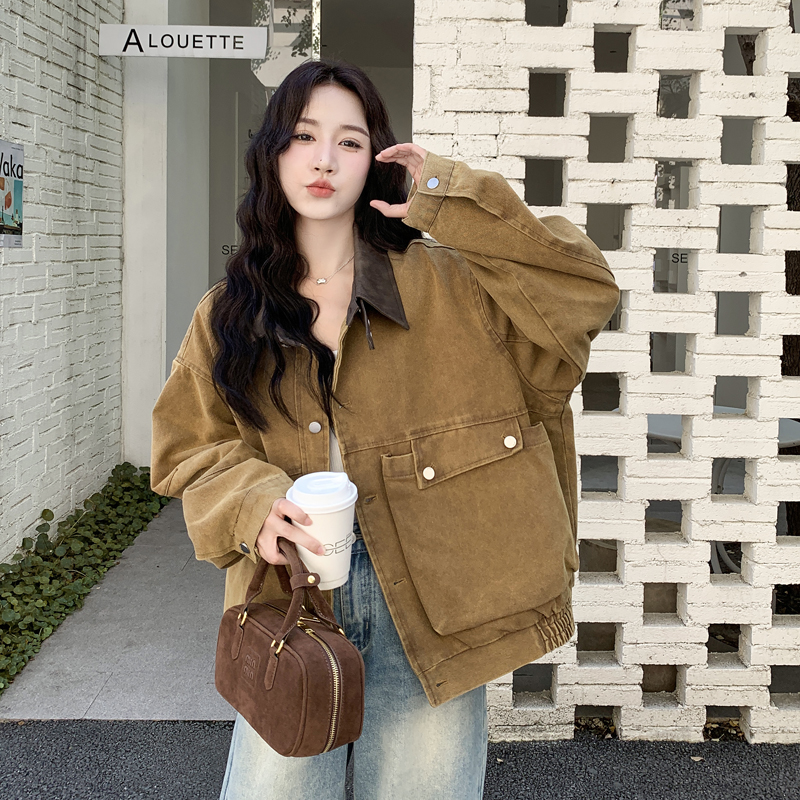 pu皮拼接工装短外套女秋冬2025新款美式复古巨好看流行超火上衣,女装短外套,2C278