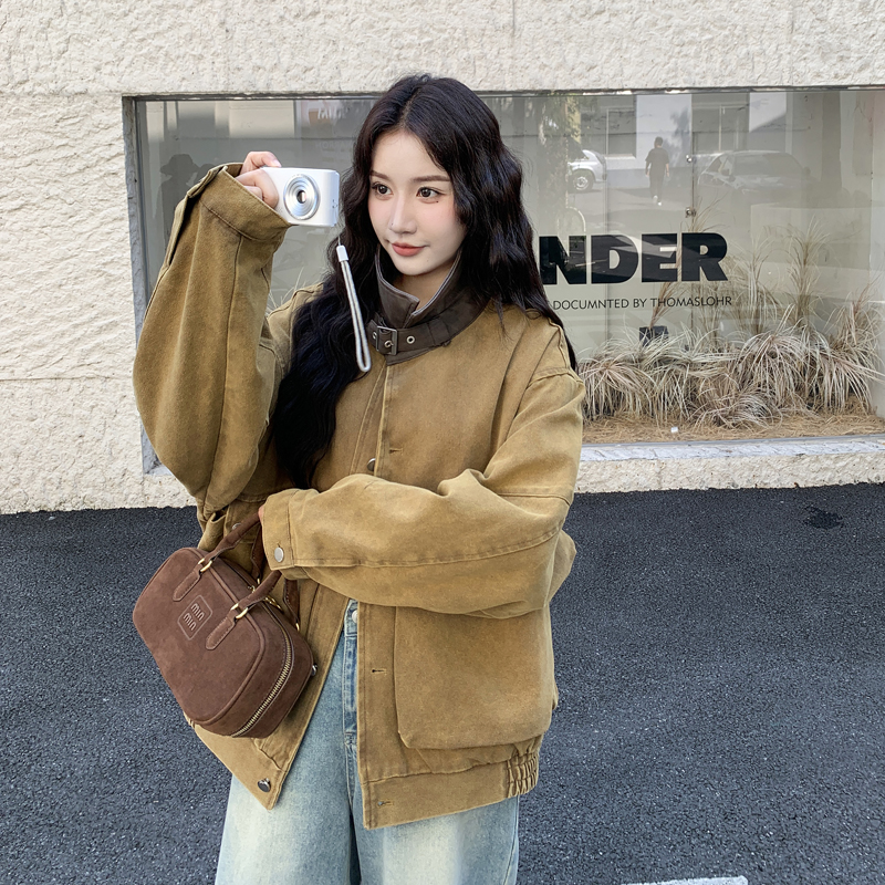 pu皮拼接工装短外套女秋冬2025新款美式复古巨好看流行超火上衣,女装短外套,2C278