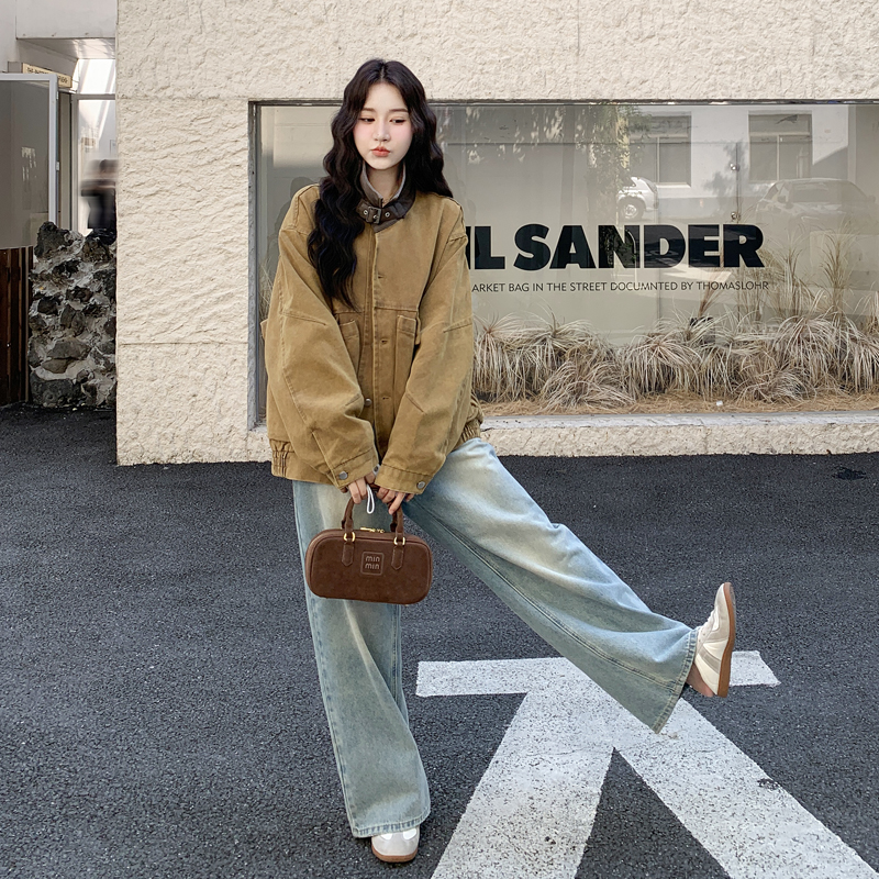 pu皮拼接工装短外套女秋冬2025新款美式复古巨好看流行超火上衣,女装短外套,2C278