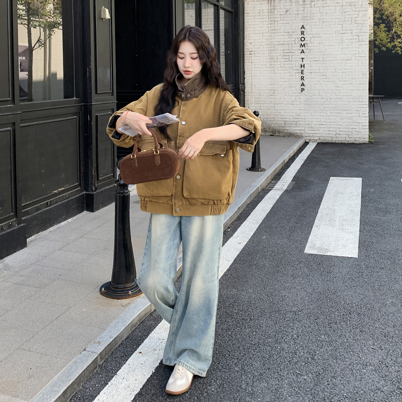 pu皮拼接工装短外套女秋冬2025新款美式复古巨好看流行超火上衣,女装短外套,2C278