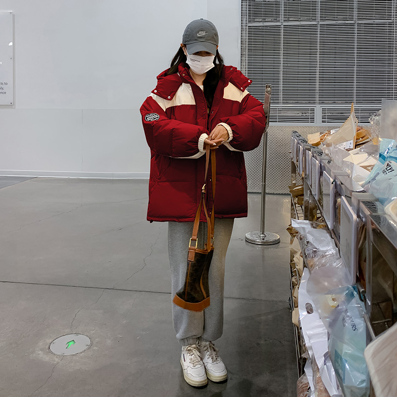 粉色羽绒服女小个子2023冬季新款休闲宽松撞色白鸭绒保暖加厚外套,女装羽绒服,2C293