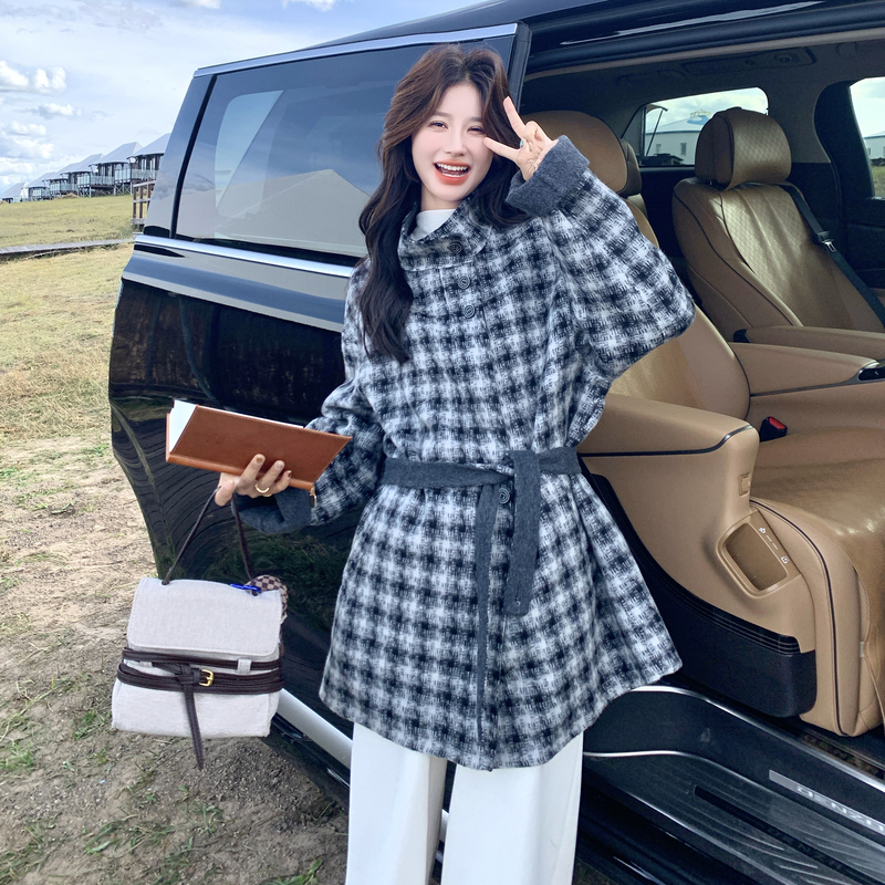 蓝色格子立领宽松羊毛双面羊绒大衣女冬季新款中长款加厚毛呢外套，女装羊绒大衣，2C056