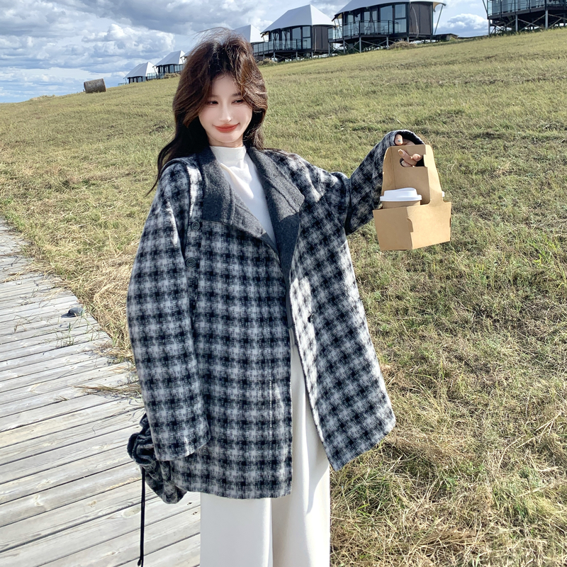 蓝色格子立领宽松羊毛双面羊绒大衣女冬季新款中长款加厚毛呢外套，女装羊绒大衣，2C056