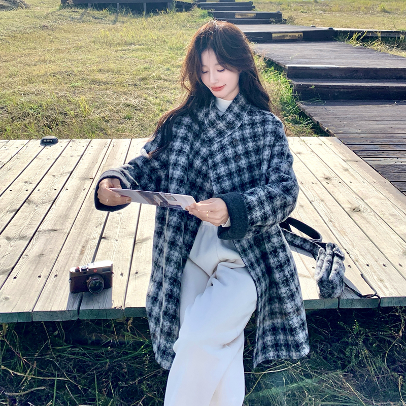 蓝色格子立领宽松羊毛双面羊绒大衣女冬季新款中长款加厚毛呢外套，女装羊绒大衣，2C056