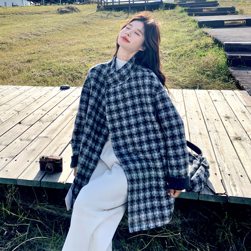 蓝色格子立领宽松羊毛双面羊绒大衣女冬季新款中长款加厚毛呢外套，女装羊绒大衣，2C056