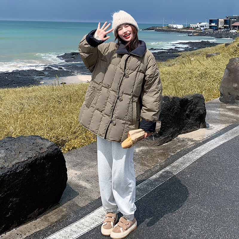 韩系卡其绿撞色排骨羽绒服外套女冬季2025新款白鸭绒巨好看面包服图片