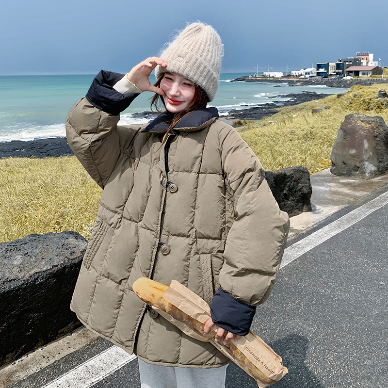 韩系卡其绿撞色排骨羽绒服外套女冬季2025新款白鸭绒巨好看面包服图片