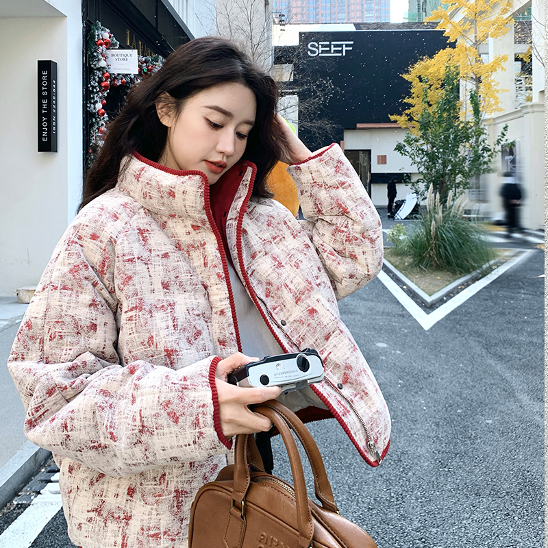 独特设计感印花立领短款羽绒服女冬超火好看高级小众加厚保暖外套,女装短外套,2C280