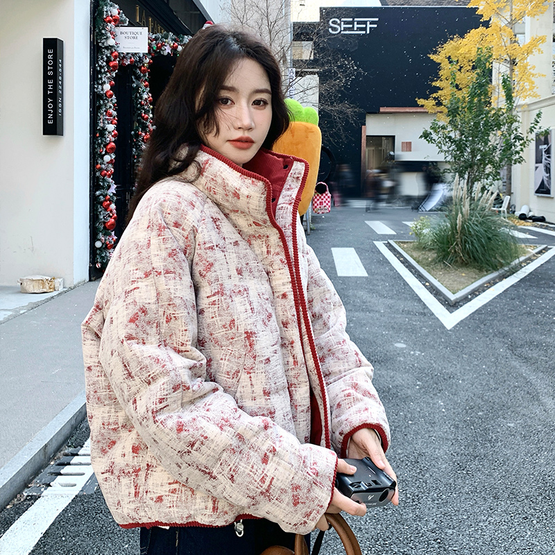 独特设计感印花立领短款羽绒服女冬超火好看高级小众加厚保暖外套,女装短外套,2C280