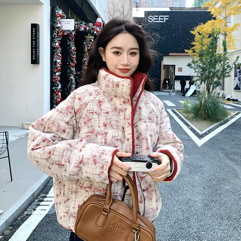 独特设计感印花立领短款羽绒服女冬超火好看高级小众加厚保暖外套,女装短外套,2C280