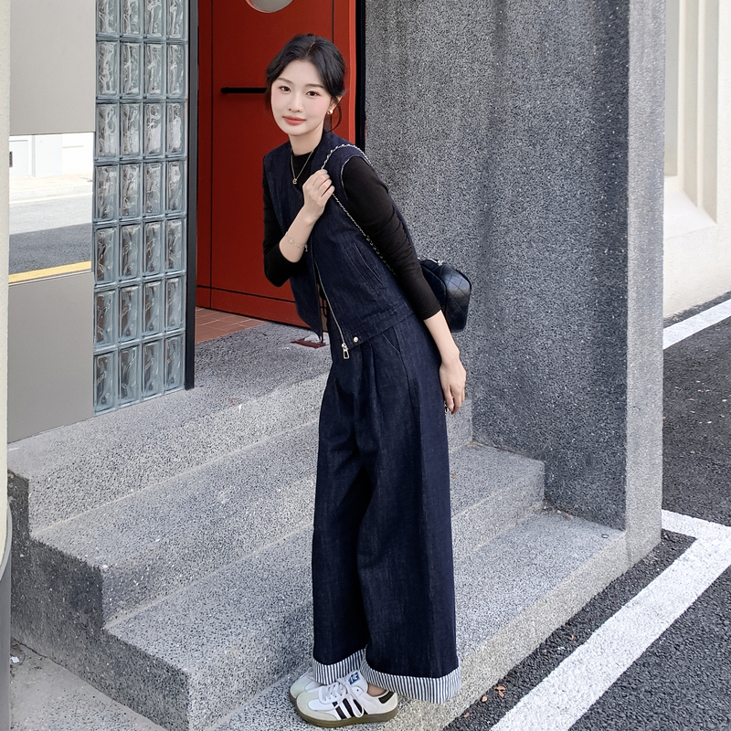 深蓝色扎染条纹马甲套装女2025年秋季新款气质高级感阔腿裤三件套图片