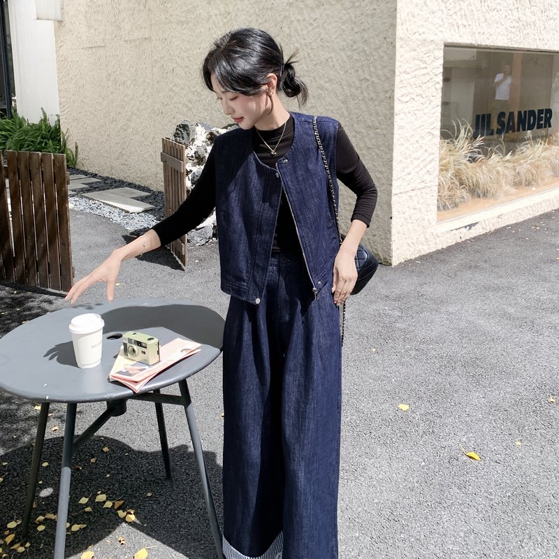 深蓝色扎染条纹马甲套装女2025年秋季新款气质高级感阔腿裤三件套图片