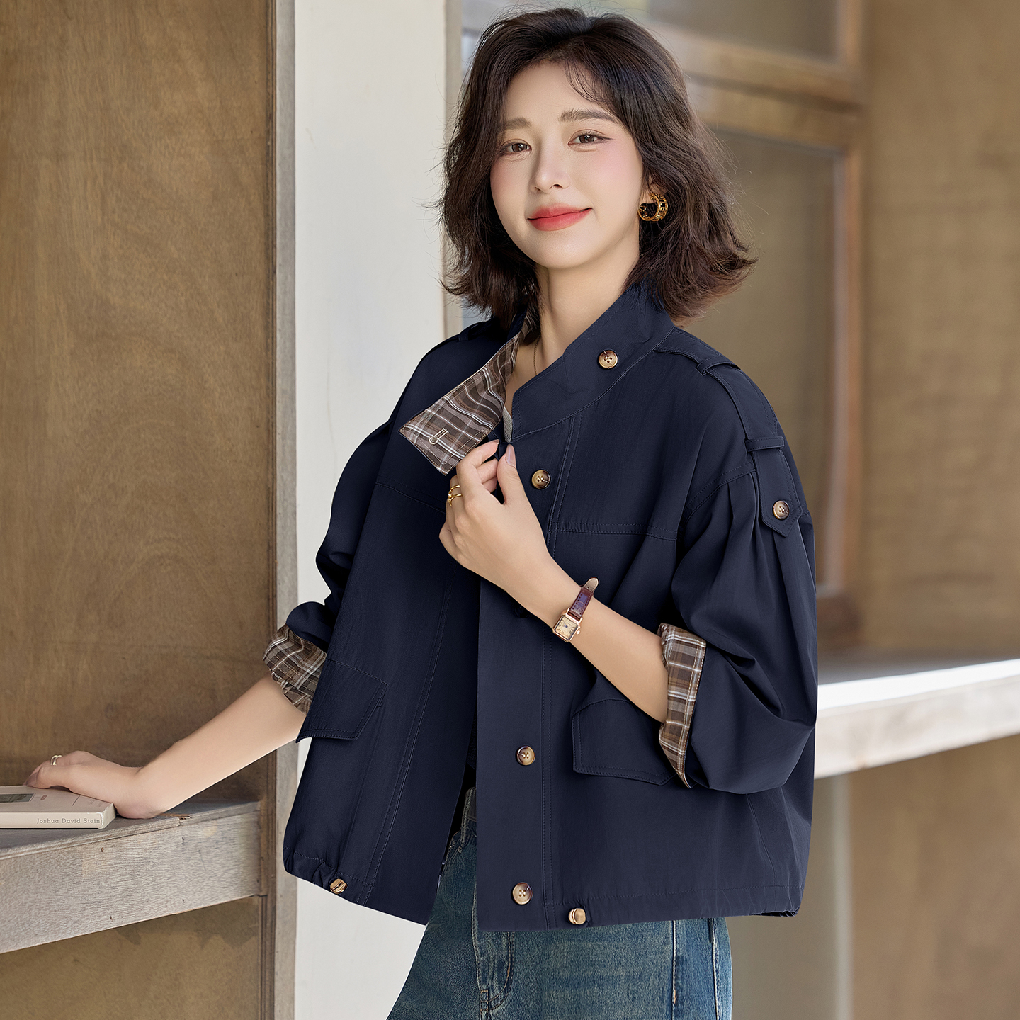 设计感撞色格子拼接风衣外套女2025秋季新款宽松休闲百搭夹克上衣图片