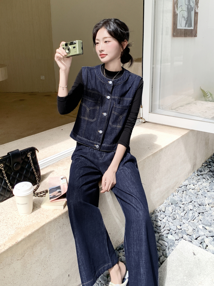 港风时尚设计感牛仔套装女2025年春秋季新款宽松外套阔腿裤两件套图片