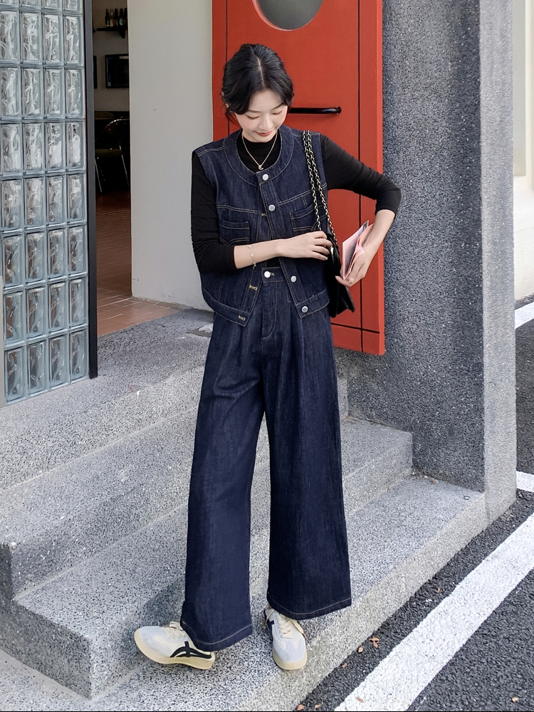 港风时尚设计感牛仔套装女2025年春秋季新款宽松外套阔腿裤两件套图片