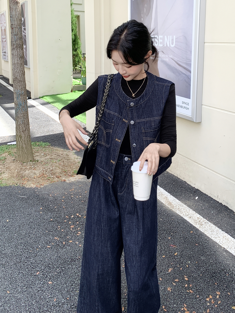 港风时尚设计感牛仔套装女2025年春秋季新款宽松外套阔腿裤两件套图片
