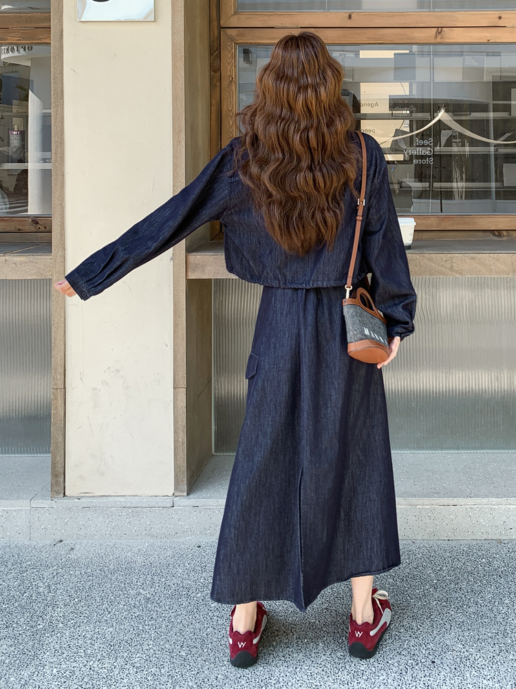蓝色牛仔衬衫半身裙套装女春秋季2025新款松弛感巨好看两件套超火,女装套装/套裙,2D013