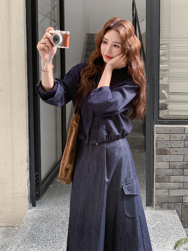 蓝色牛仔衬衫半身裙套装女春秋季2025新款松弛感巨好看两件套超火,女装套装/套裙,2D013