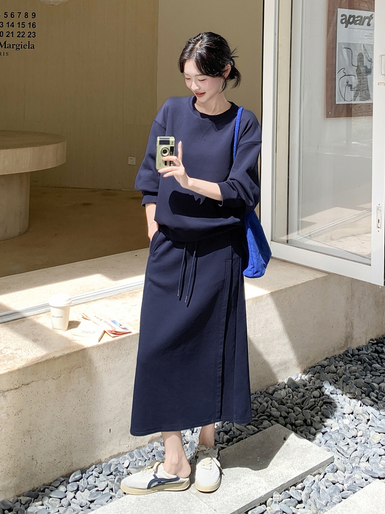 藏青色简约韩系卫衣套装裙女2025春秋新款学院风显瘦半身裙两件套图片