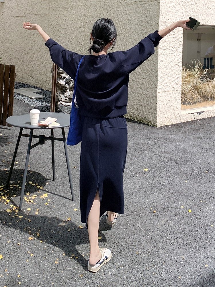 藏青色简约韩系卫衣套装裙女2025春秋新款学院风显瘦半身裙两件套图片