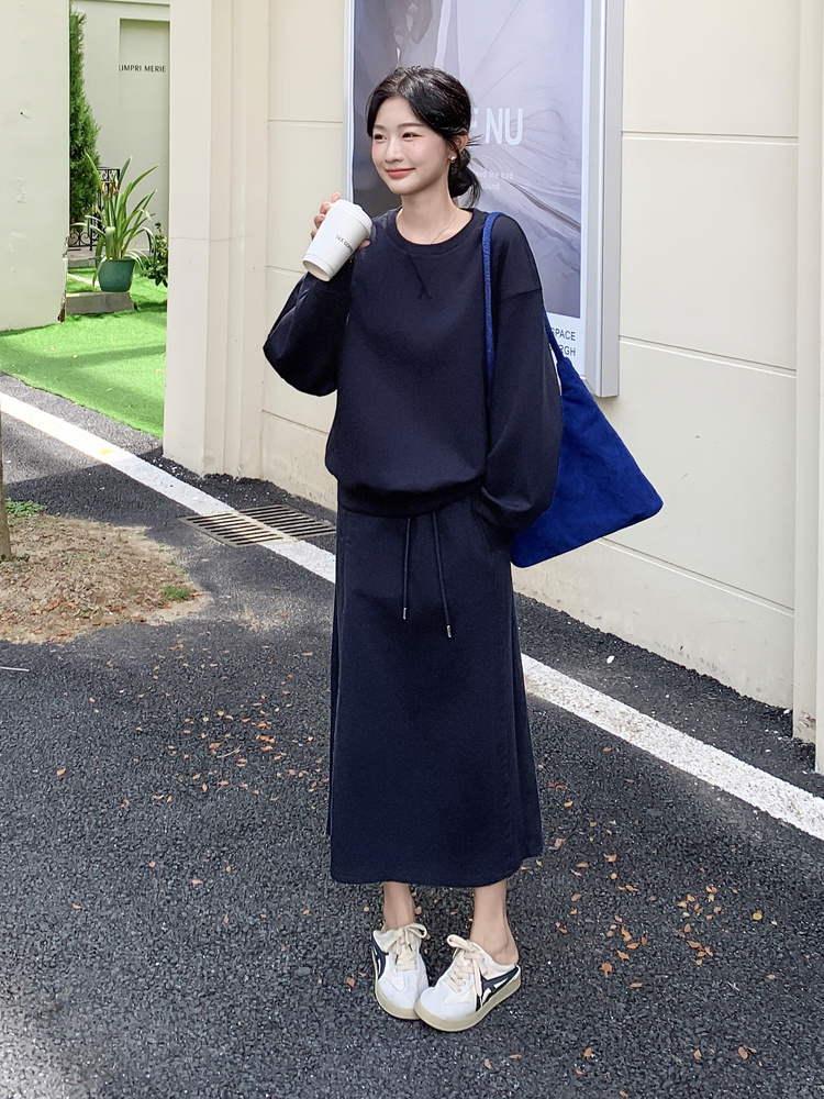 藏青色简约韩系卫衣套装裙女2025春秋新款学院风显瘦半身裙两件套图片