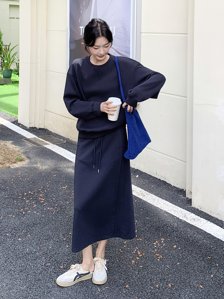 藏青色简约韩系卫衣套装裙女2025春秋新款学院风显瘦半身裙两件套图片