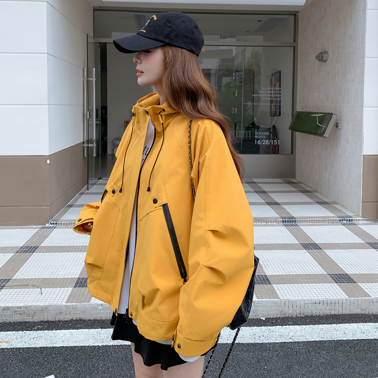 黄色连帽工装外套女春秋2025新款爆款美式复古流行设计感小众夹克,女装短外套,2B154
