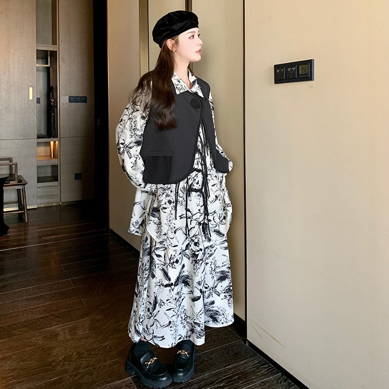 ！！新中式水墨画套装裙+黑色马甲三件套2C037-321-P145-K218,女装套装/套裙,2C037