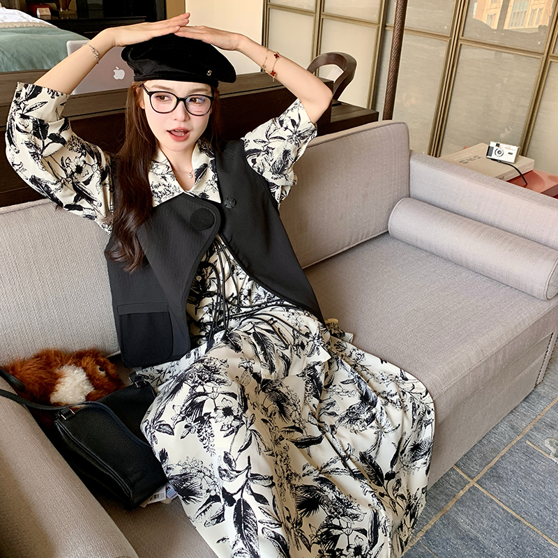 ！！新中式水墨画套装裙+黑色马甲三件套2C037-321-P145-K218,女装套装/套裙,2C037