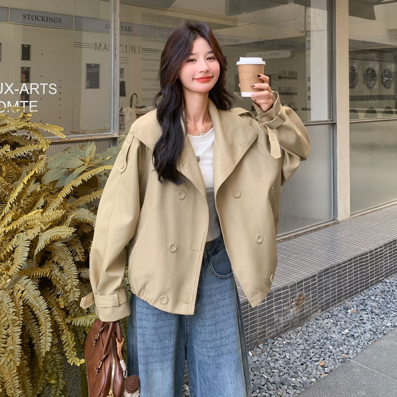 卡其色双排扣短款风衣外套女2025秋季韩版宽松独特漂亮小个子大衣,女装风衣,2D013