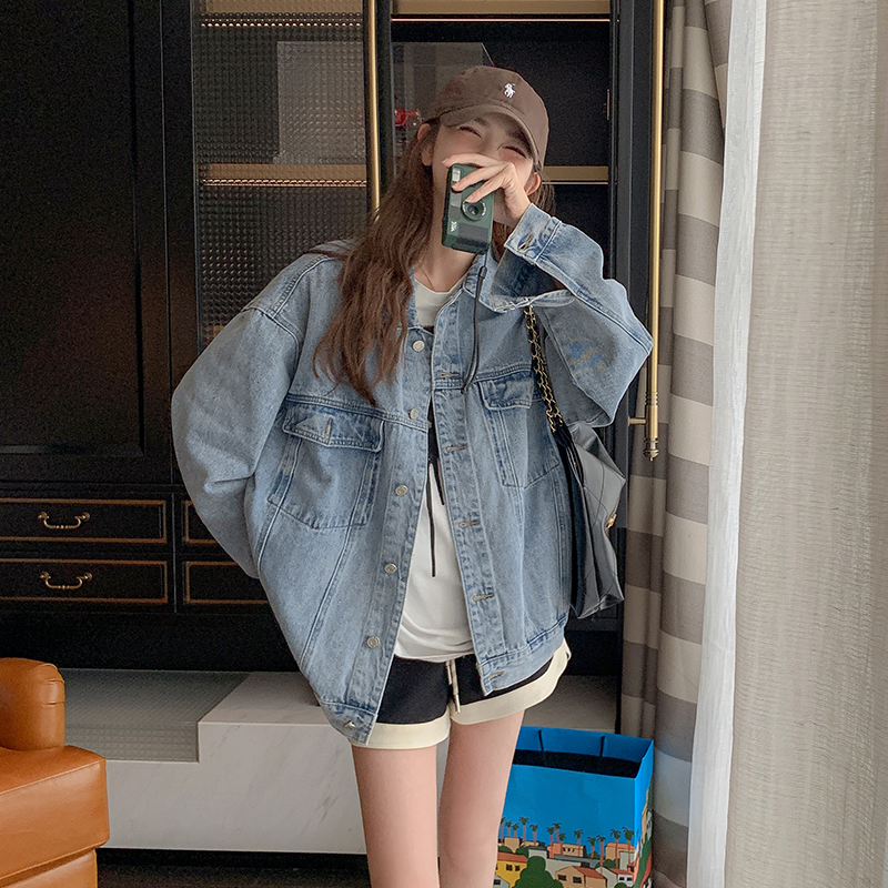 韩版时尚休闲高级感牛仔外套女2025春秋新款宽松显瘦做旧水洗上衣,女装短外套,2B220