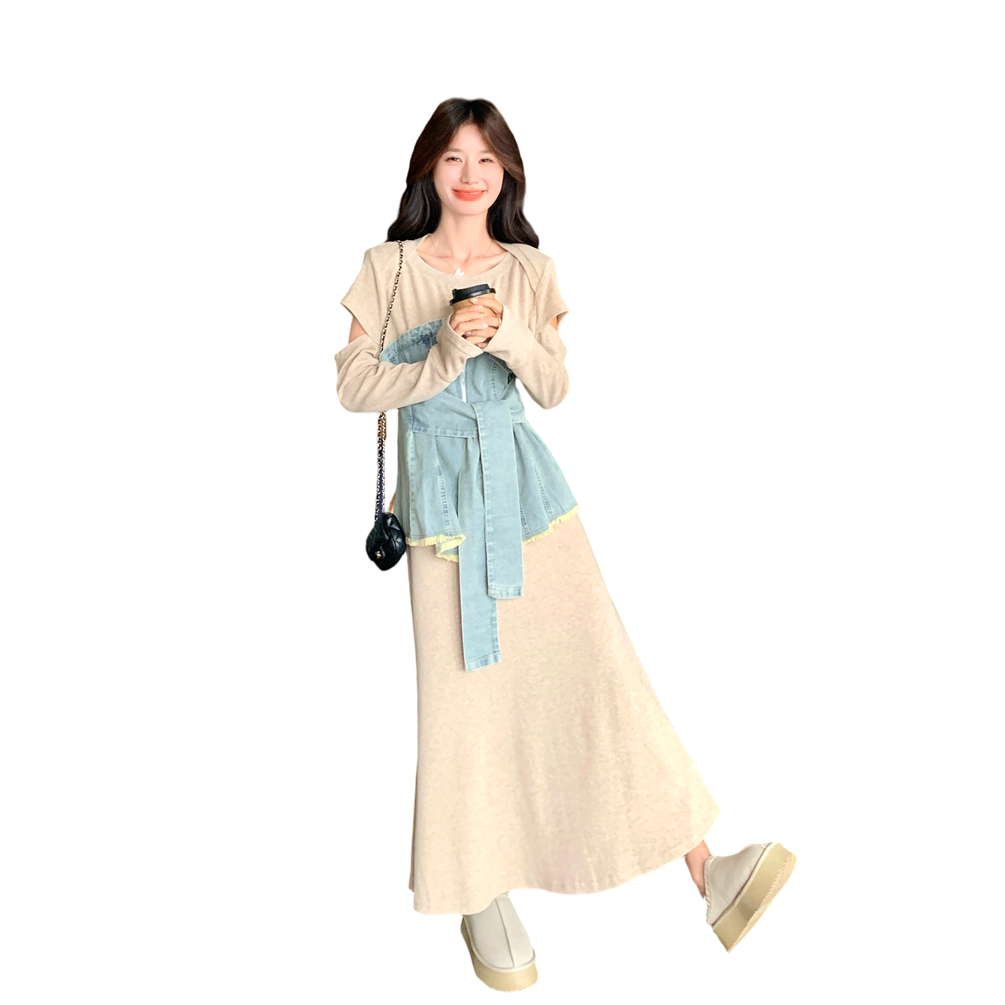 2D078-T1970-P195K278设计感牛仔拼接上衣+半裙2件套,女装套装/套裙,2D078