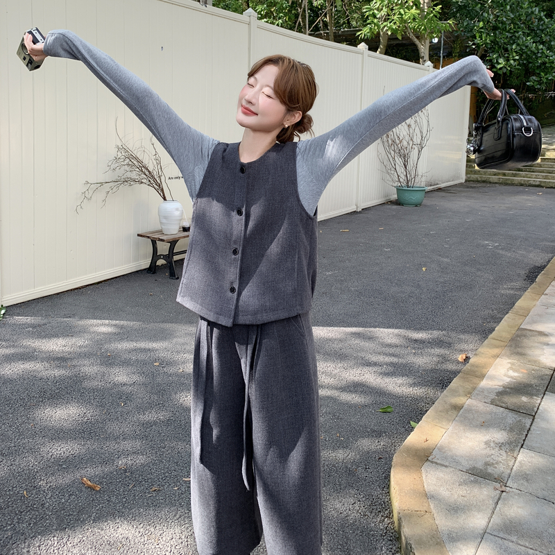 轻熟复古灰色马甲阔腿裤T恤三件套女2025秋季新款高级感气质套装图片