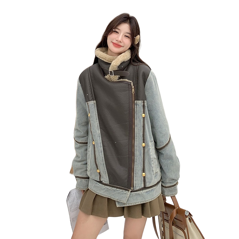 现货拼皮皮毛一体牛仔外套P235-K318,女装短外套,2C299