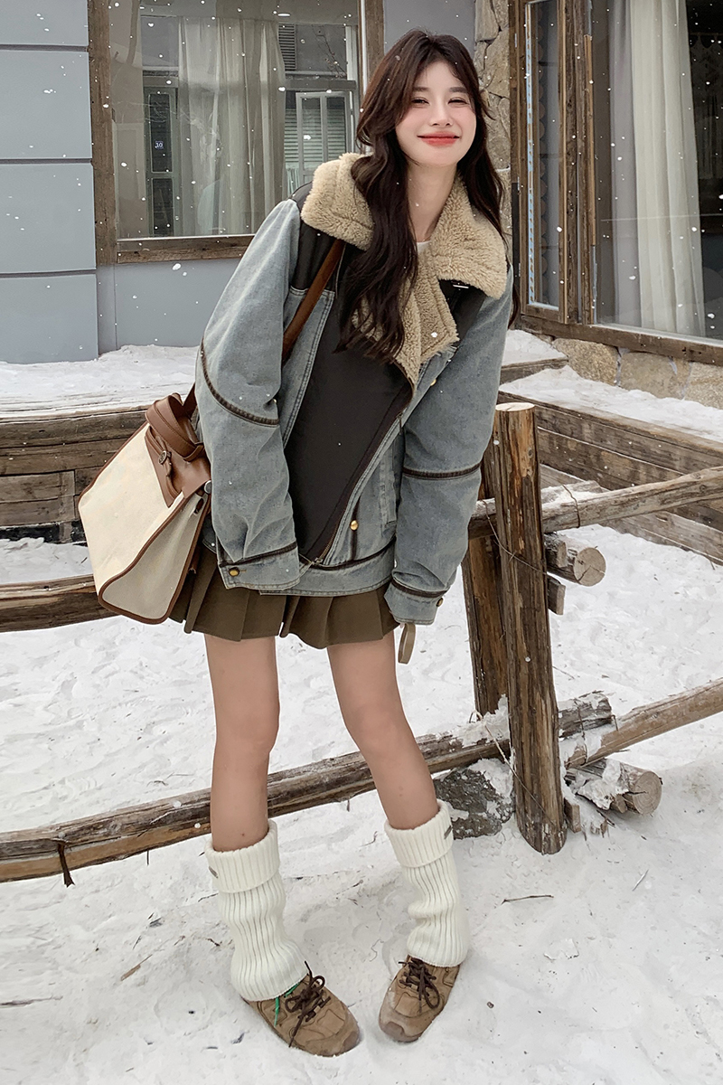 现货拼皮皮毛一体牛仔外套P235-K318,女装短外套,2C299