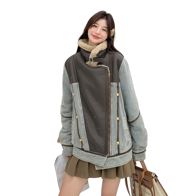 现货拼皮皮毛一体牛仔外套P235-K318,女装短外套,2C299