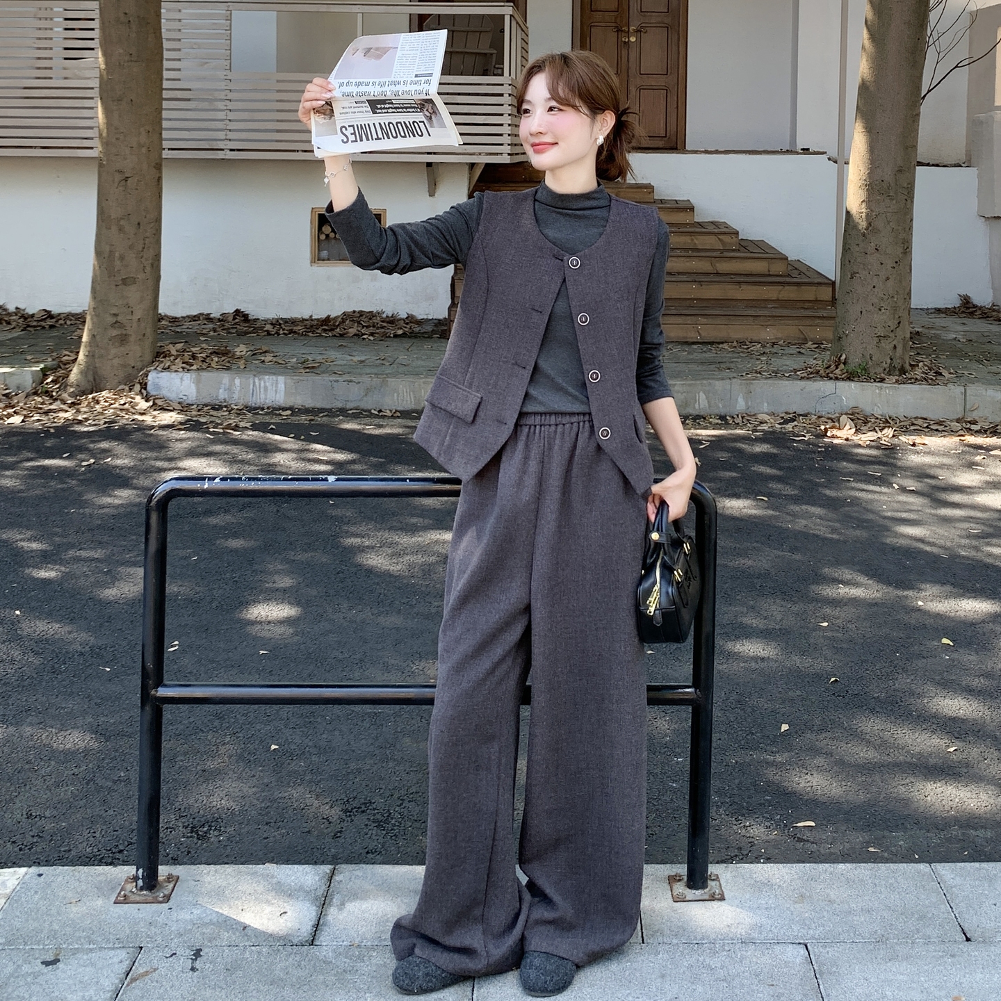 休闲气质毛呢马甲打底衫阔腿裤套装女春秋ootd穿搭流行爆款三件套,女装套装/套裙,2C205