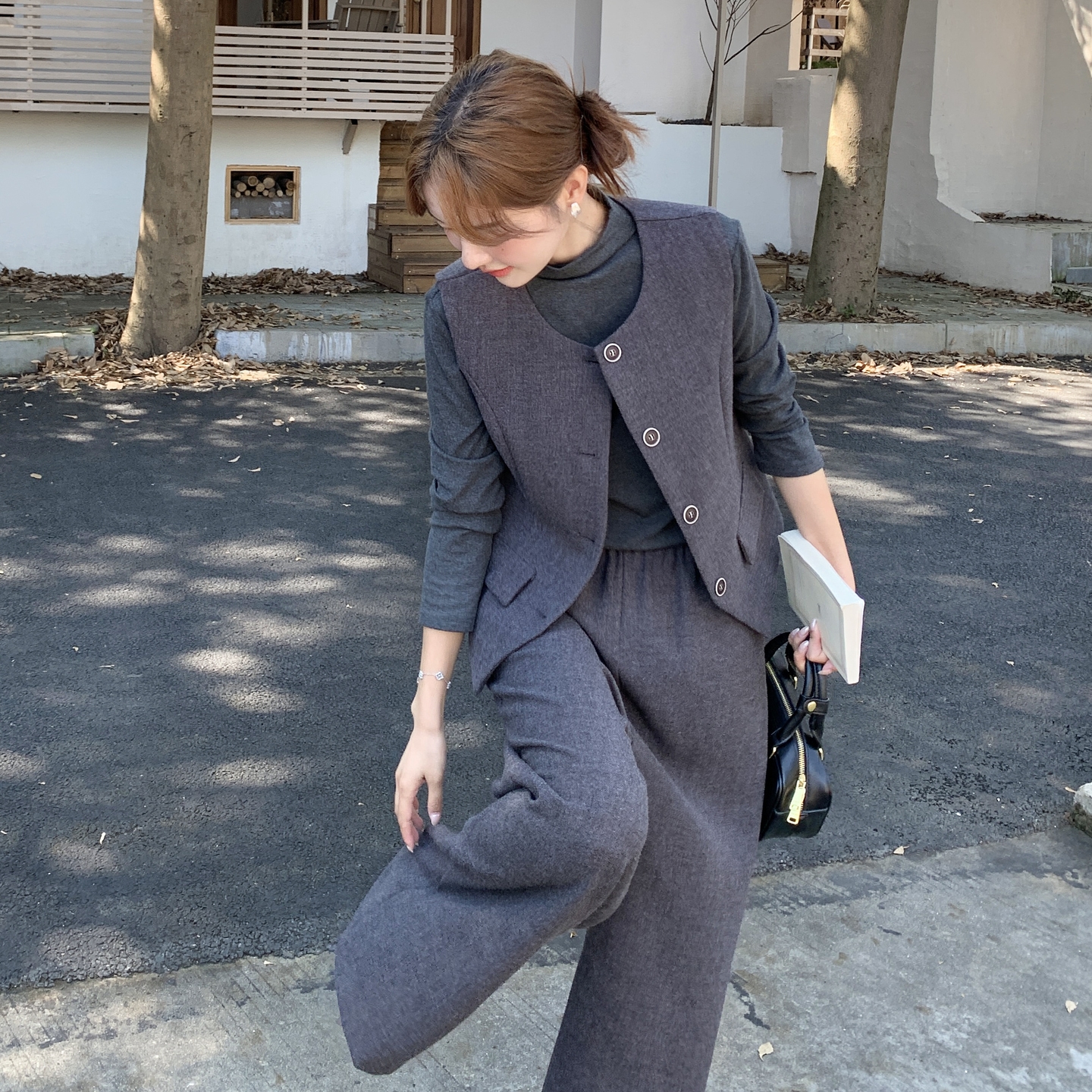 休闲气质毛呢马甲打底衫阔腿裤套装女春秋ootd穿搭流行爆款三件套,女装套装/套裙,2C205