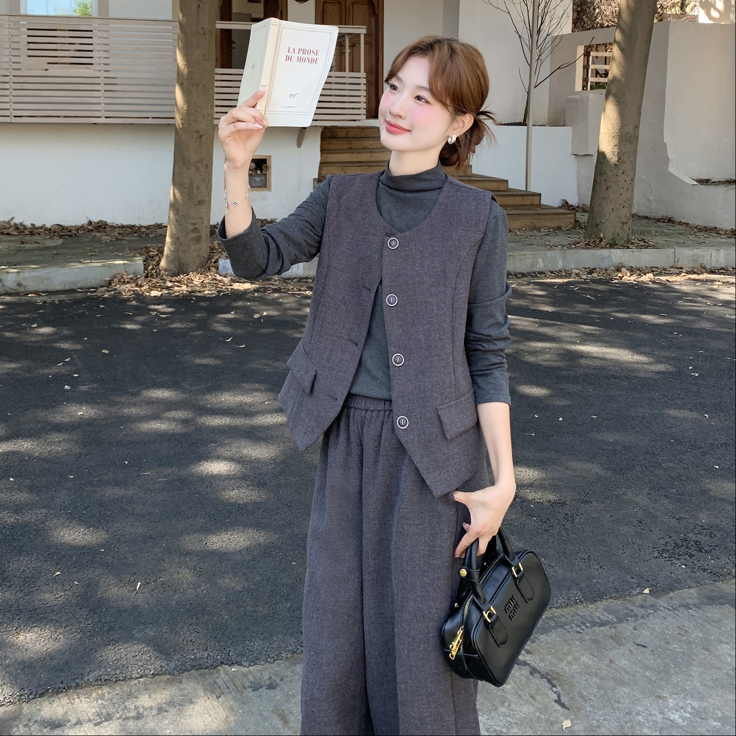 休闲气质毛呢马甲打底衫阔腿裤套装女春秋ootd穿搭流行爆款三件套,女装套装/套裙,2C205