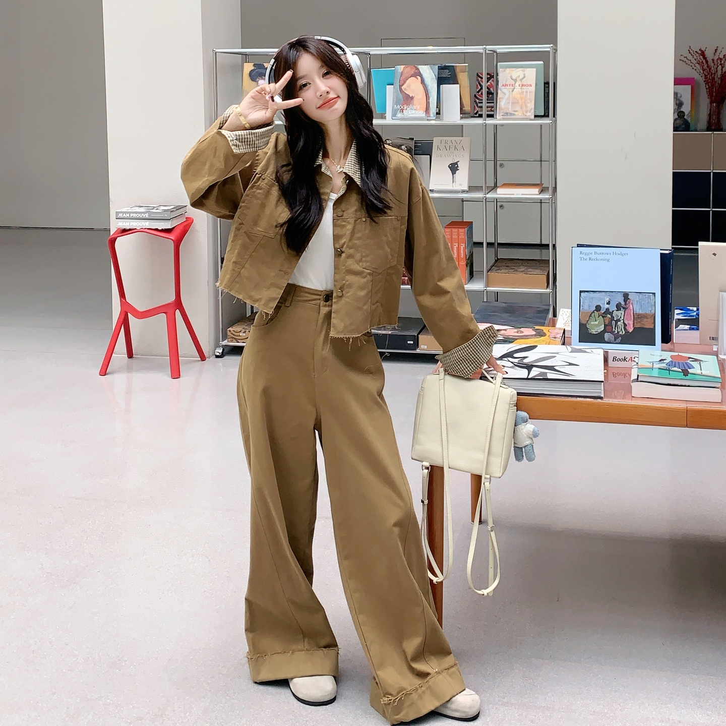 新款！大量！格子拼接工装阔腿裤两件套2C133-8975-P195-K268图片