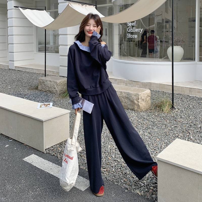 休闲运动服套装女秋季假两件露肩宽松减龄卫衣长裤少女跑步两件套图片
