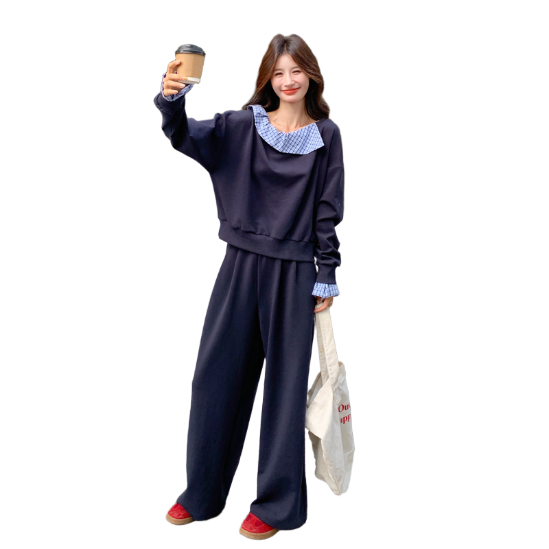 休闲运动服套装女秋季假两件露肩宽松减龄卫衣长裤少女跑步两件套图片