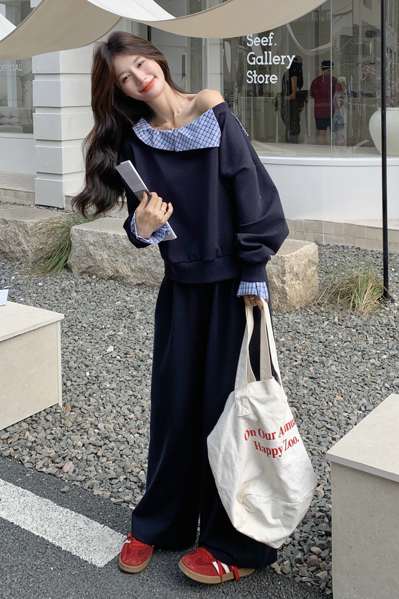 休闲运动服套装女秋季假两件露肩宽松减龄卫衣长裤少女跑步两件套图片