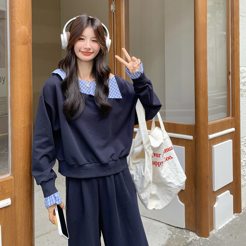 休闲运动服套装女秋季假两件露肩宽松减龄卫衣长裤少女跑步两件套图片