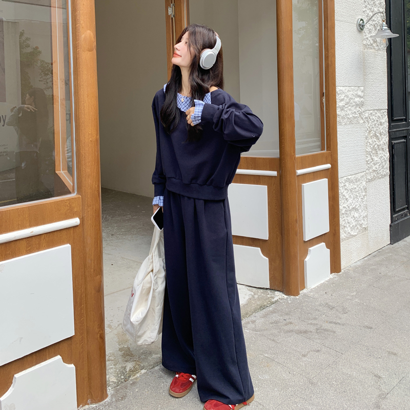 休闲运动服套装女秋季假两件露肩宽松减龄卫衣长裤少女跑步两件套图片