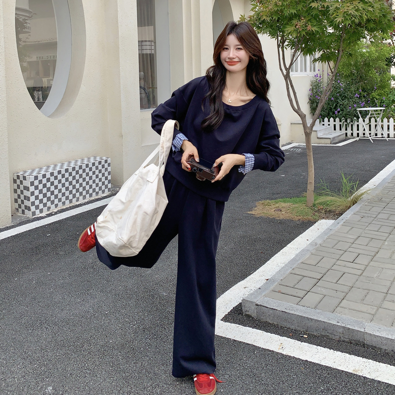 休闲运动服套装女秋季假两件露肩宽松减龄卫衣长裤少女跑步两件套图片