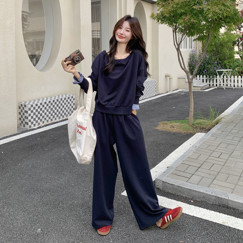 休闲运动服套装女秋季假两件露肩宽松减龄卫衣长裤少女跑步两件套图片