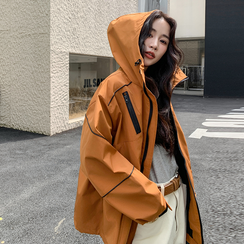 橘色工装风连帽上衣女2025年秋季新款韩版宽松时尚保暖冲锋衣外套图片