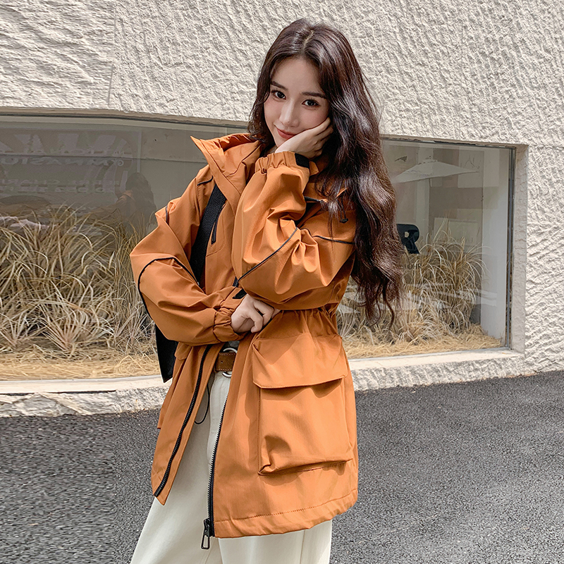橘色工装风连帽上衣女2025年秋季新款韩版宽松时尚保暖冲锋衣外套图片